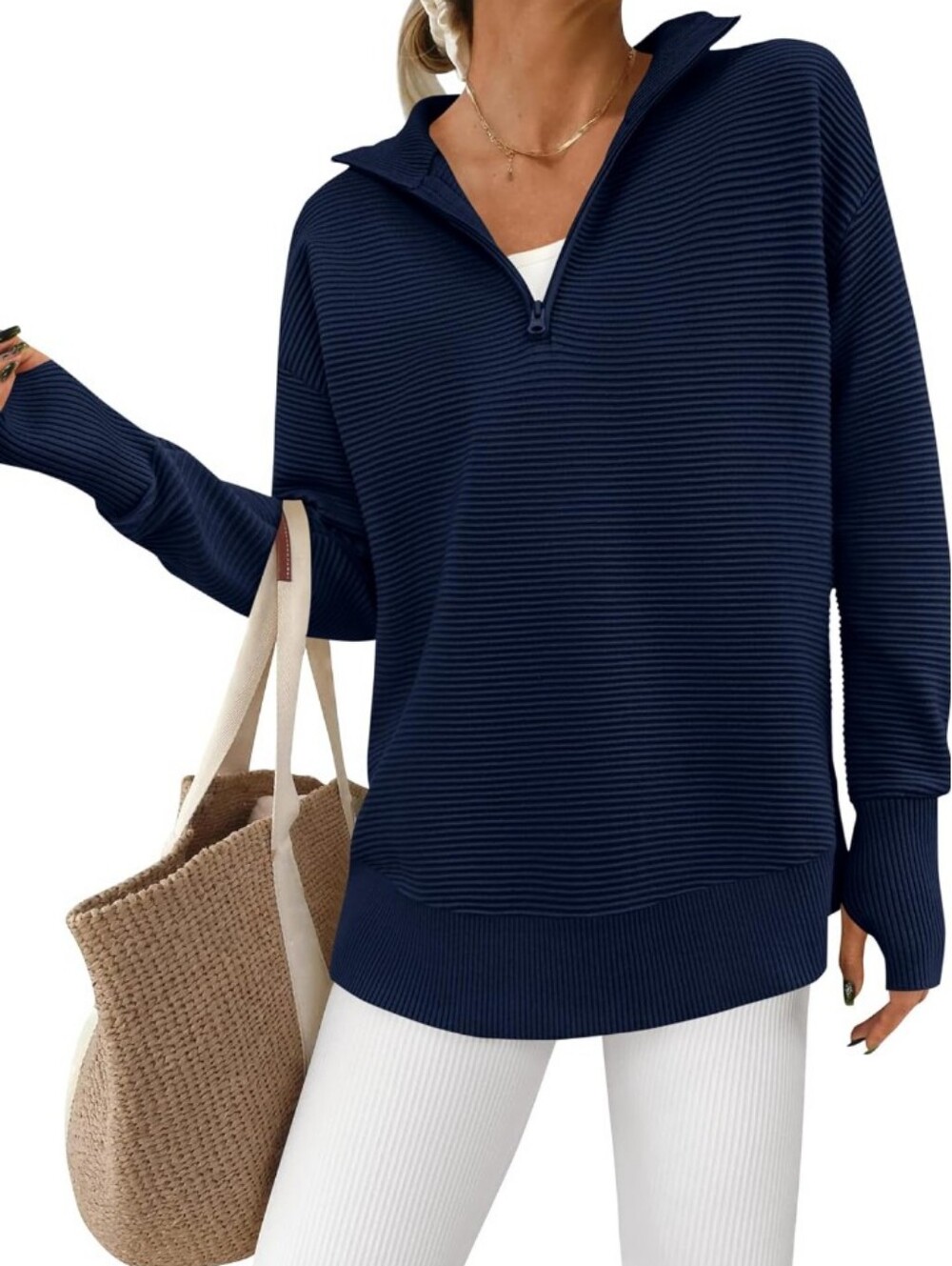 PRETTYGARDEN Navy Blue Long Sleeve Quarter Zip Pullover Sweater Size Large NWT